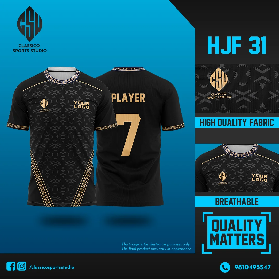 HJF 31 Premium Black Football Jersey with Gold Detailing and Tribal Pattern | Classico Sportswear Nepal