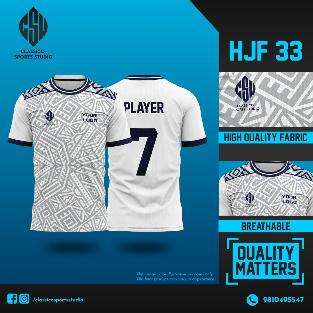 HJF 33 Custom White Football Jersey with Geometric Tribal Print and Navy Accents | Classico Sportswear Nepal