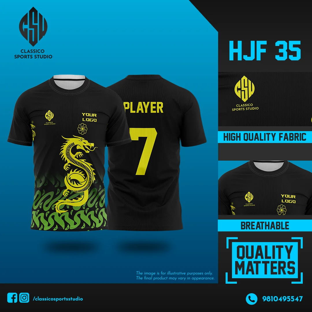 HJF 35 Custom Football Jersey with Yellow Dragon and Green Flame Graphic on Black | Classico Sportswear Nepal