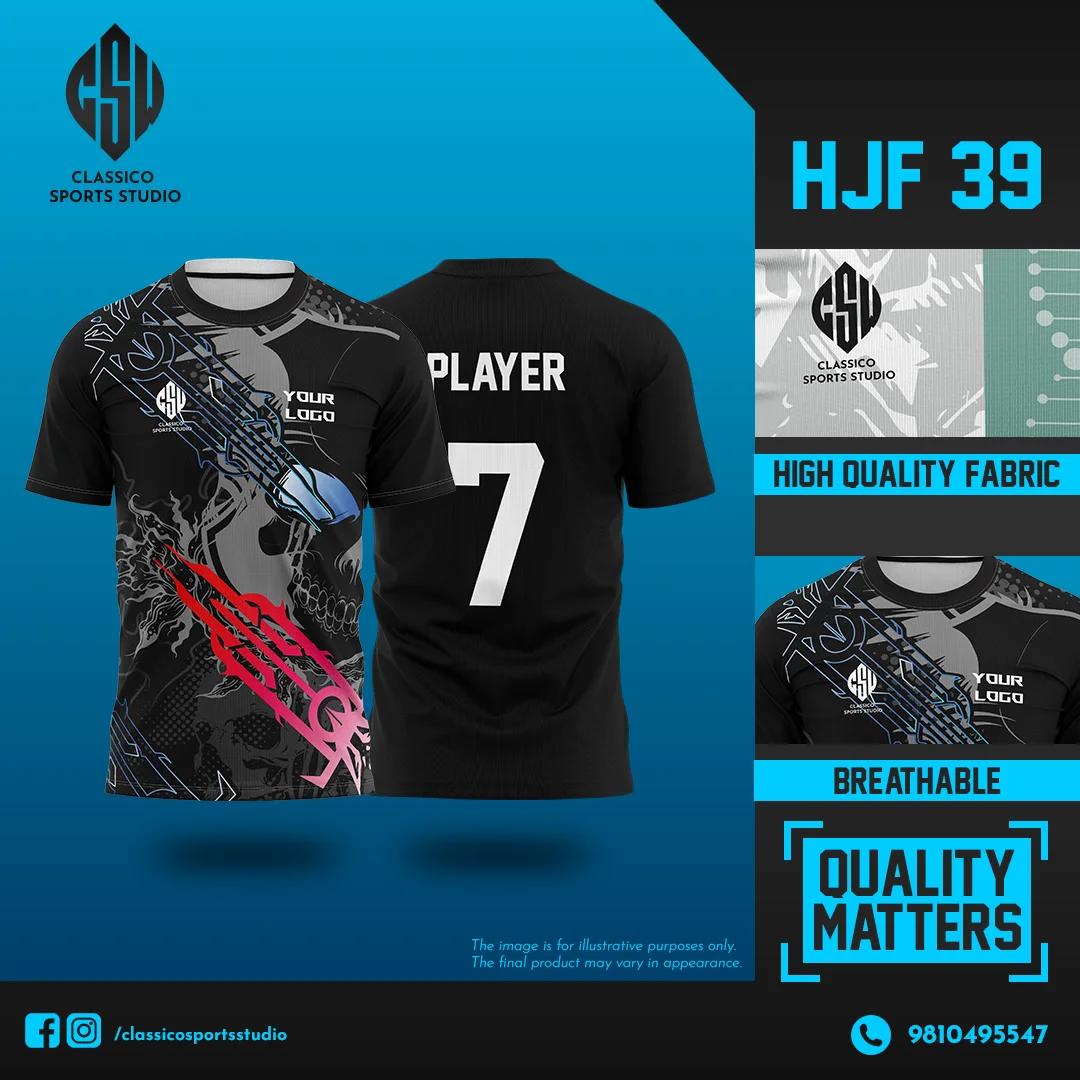 HJF 39 Black Football Jersey with Red & Blue Streak Graphics | Classico Sportswear Nepal
