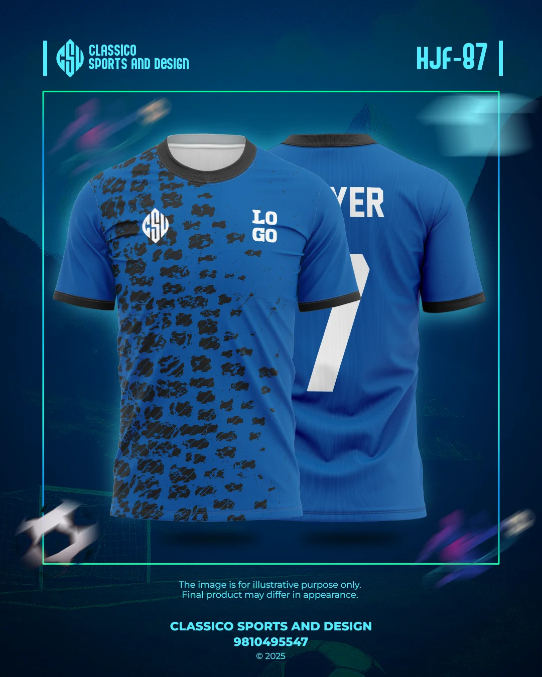 HJF 87 Custom Football Jersey  Electric Blue with Abstract Black | Classico Sportswear Nepal